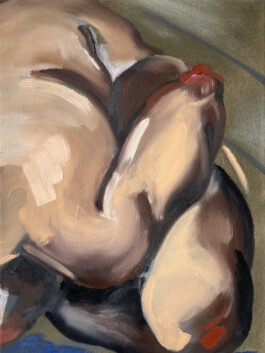 Caroline Cramer, Künstlerin, figurative Malerei, Acryl und Öl auf Leinwand, nackte Haut, Knie, Ellbogen, Englischrot, Close-Up Körper vornübergebeugt 