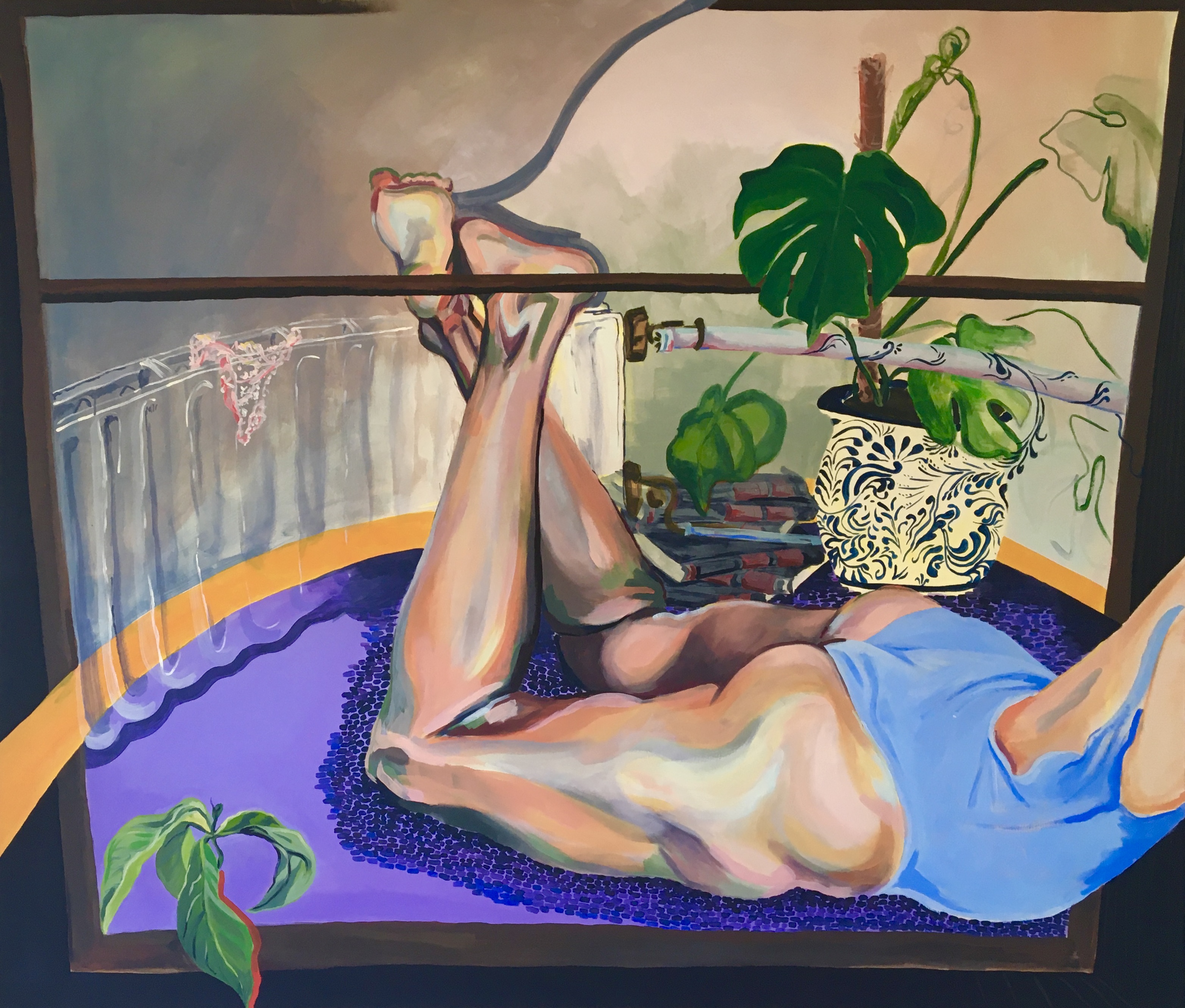 Caroline Cramer, Künstlerin, figurative Malerei, figurative painting, body, acrylic paint, monstera plant, indoor, childhood room 